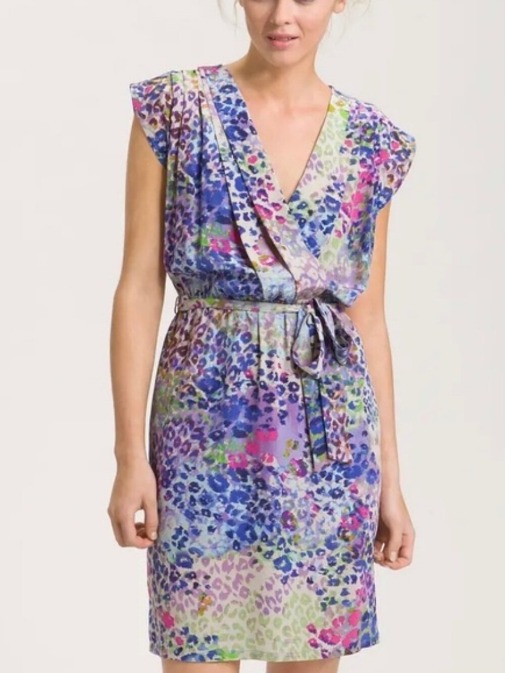 Presley Skye Colorful Animal Print Faux Wrap Dress 100% Silk Size XS
